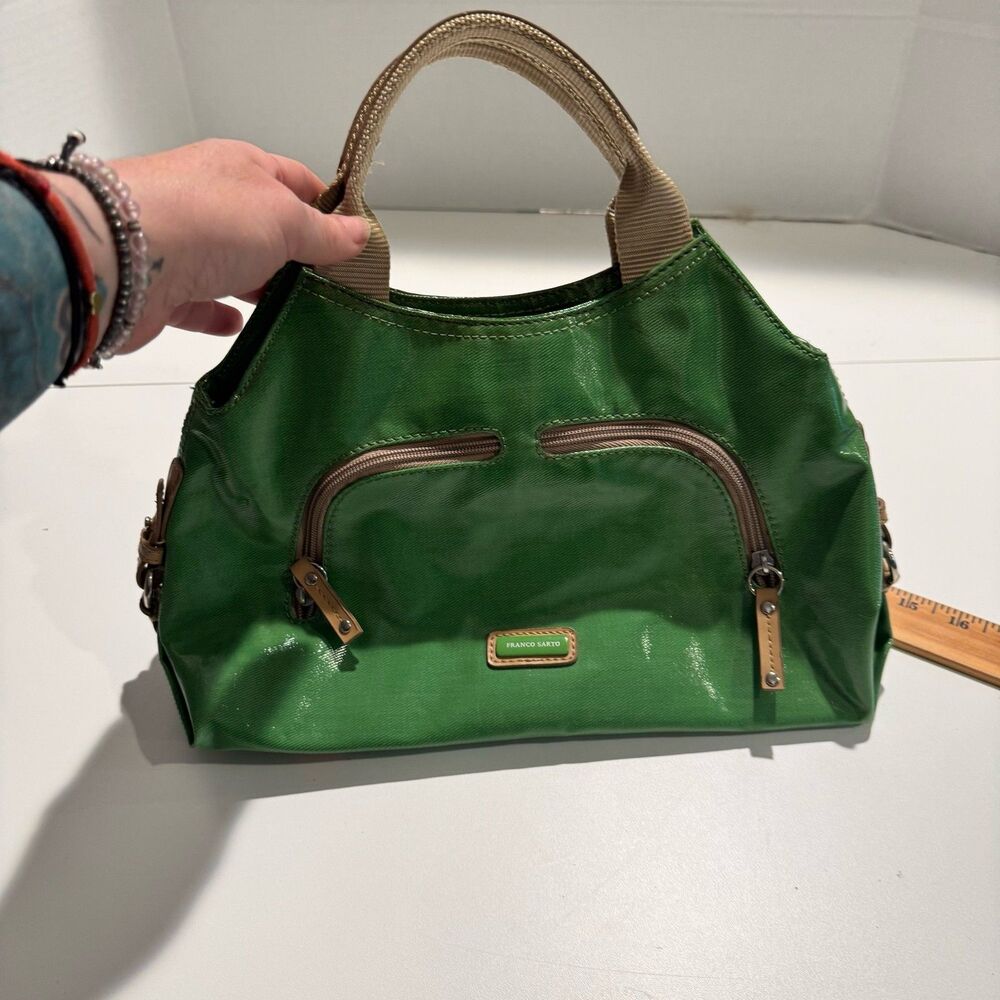 Franco Sarto Green Patent Nylon Satchel Handbag Double Handle Zip Pockets